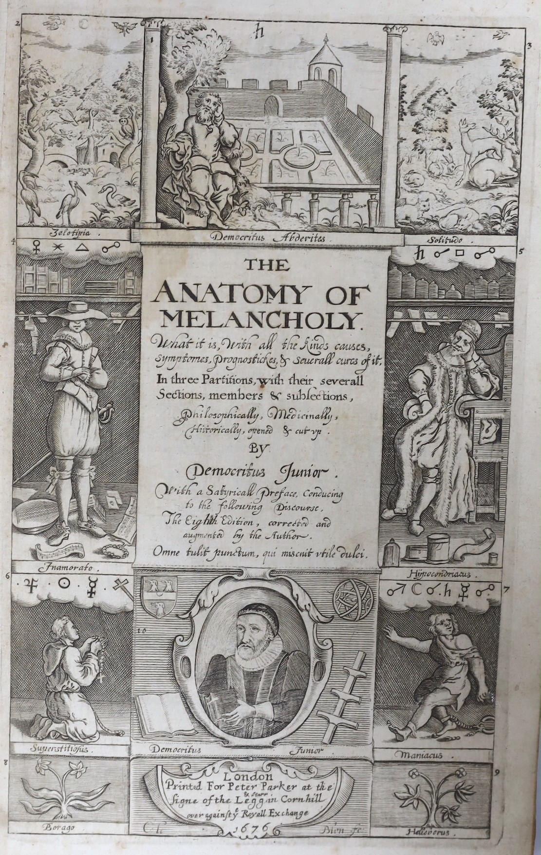 Democritus Junior [Burton, Robert] - The Anatomy of Melancholy, 8th edition, engraved pictorial title page incorporating a portrait of the author, folio, original calf, covers detached, bookplate of Archdeacon Browne, Pe